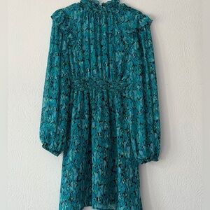 Chic Teal Floral Long Sleeve Dress